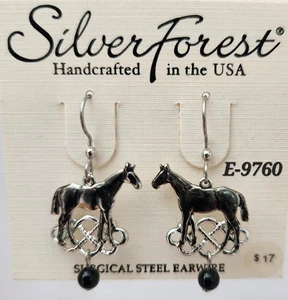 Ohrringe Silber Wald Chirurgenstahl Draht Silber Pferd Schwarz Perlen E-9760 - Bild 1 von 6