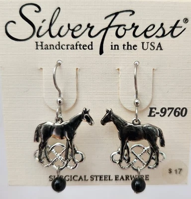Silver Forest Surgical Steel Wire Silver Horse Black Bead Earrings E-9760 - Image 1 of 4