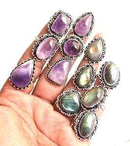 Lote de anillos de plata esterlina 925 genuinos de amatista y labradorita NaturaL ~ Regálalala ~ - Imagen 1 de 3