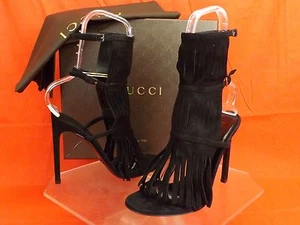 NIB GUCCI BLACK SUEDE FRINGE BECKY GLADIATOR HEEL TALL SANDALS 37 7 - Picture 1 of 10