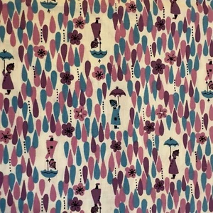 Vtg Mint Cotton Fabric Umbrella Elf Figure Large Rain Drops 1 and a half Yds MCM - Picture 1 of 12