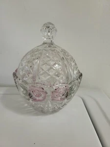 Vtg Pressed Glass Floral Candy Dish With Lid Pink Roses Crystal Diamond Pattern - Picture 1 of 6