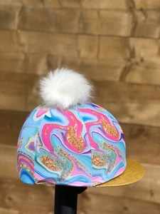 Riding hat silk fur Pom one Size glitter marble with a sparkly gold peak - Picture 1 of 21