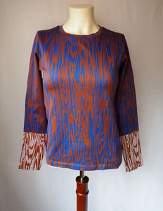 Hugo Boss 100% Cotton Knit Shirt Wood Grain Pattern Burnt Sienna Blue White XS - Picture 1 of 7