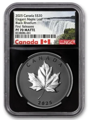 2025 Canada Elegant Maple Leaf Black Rhodium 1 Oz Silver NGC PF70 Coin - JR083 - Image 1 of 3