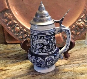Vintage Thewalt German Beer Stein Pewter Lidded Blue Salt Glaze Prosit! 9" Tall - Picture 1 of 4