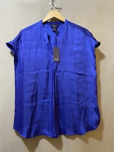 NWT RACHEL ROY Women Short Sleeve V-Neck Shirttail Satin Blouse SZ M Royal Blue - Picture 1 of 11