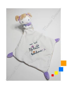 Doudou Plat Poupée/Fille Blanc Beige Mauve Mon Tout Petit Bonheur Mots D'enfants - Picture 1 of 3