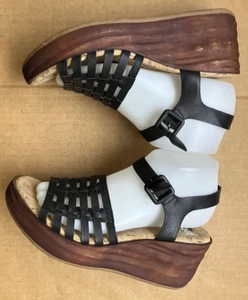 Kork-Ease Black Strappy Platform Wedge Heels Sz 7 Unusual Brown Wedge part - Picture 1 of 11