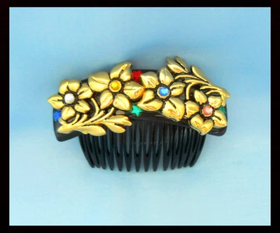PENTE DE CABELO COM JOIAS NOVO SEM ETIQUETAS Design Floral Tom Dourado_Vintage_Comprimento 3-3/4" - Imagem 1 de 4