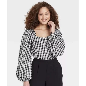 WhoWhatWear Happy Gingham Ballonärmel Bluse Gr. S Leinenmischung schwarz/weiß - Bild 1 von 9