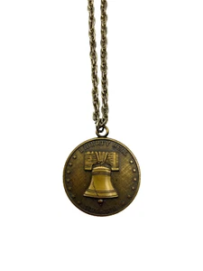 Brass Tone Liberty Bell Coin Pendant Necklace LFCU Dedication Jewelry - Picture 1 of 4