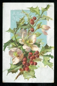 Postkarte Frohes Neues Jahr 1909 FLORAL HOLLY AND BEERENS geprägt verschickt - Bild 1 von 2