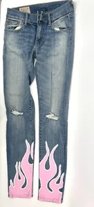 Ralph Lauren Polo Girls Custom Painted Pink Flame Ripped Jeans Size 25 - Picture 1 of 4