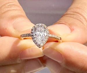 Pear Shape Moissanite Engagement Ring Halo Prong 14k Solid Rose Gold 1.70ctw - Picture 1 of 16