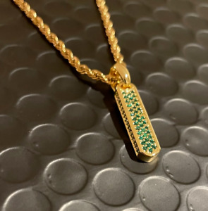 Men's Vertical Bar Pendant - 14K Yellow Gold Over On Emerald Pavé Gemstones- 24"