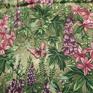 Hoffman Secret Garden Cotton Fabric 36" X 42" Green Woodland Floral Butterfly - Picture 1 of 5