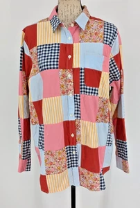 Lands End Patchwork Blouse Size XL Colorful Cotton Button Up Boho Peasant - Picture 1 of 12