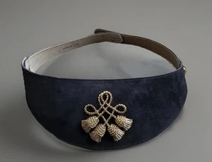 Vintage 80s Anne Klein Black Suede Belt With Gold Metal Tassel Emblem Sz L 35.5” - Picture 1 of 14