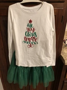 GIRLS 7 8 CHRISTMAS SHIRT WITH Green Tutu WONDER NATION - Picture 1 of 4