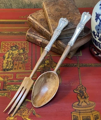 "Juego de cuchara para servir ensalada de madera de plata esterlina colonial antigua toalla rara 11""" Foto 1 de 4