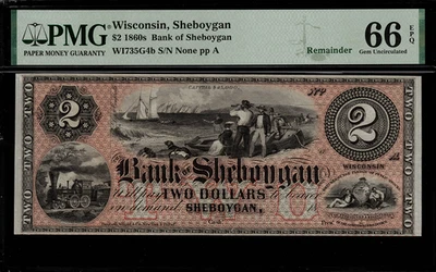 1860's $2 Obsolete - Sheboygan, Wisconsin - Bank of Sheboygan - PMG 66 EPQ - Image 1 of 2