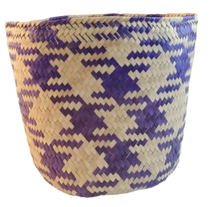 GlobeIn Handmade Palm Leaf Woven Basket Purple and Natural 6" x 5.5" Fair-trade - Picture 1 of 8