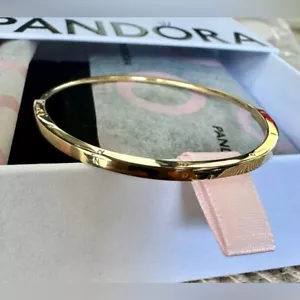 Pandora Signature 14k Solid Gold I-D Bangle Bracelet 552227C00 Size 1 (6.3 In) - Picture 1 of 9