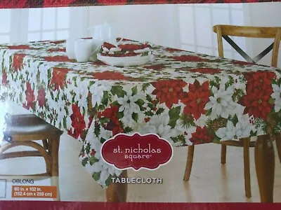 ST.NICHOLAS CHRISTMAS FESTIVE TABLECLOTH 60" X 102" RED,WHITE,GREEN FLOWER PRINT - Image 1 of 4