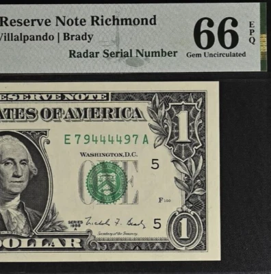 1988A $1 Federal Reserve Note PMG 66EPQ - Fancy Radar Serial Number 79444497 - Image 1 of 3