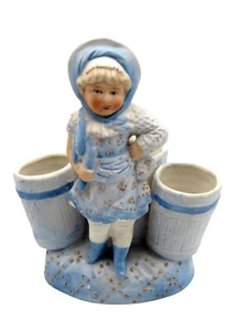 Vintage Bisque Porcelain Victorian Little Girl Blue Figurine Planter - Picture 1 of 6