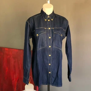 VERSACE JEANS SIGNATURE blue cotton western women's shirt w/ gold stitch size M - Picture 1 of 12
