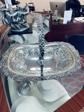 Antique Sterling Silver Bread Basket 19th Century Ornate Georgian 1800 Cover