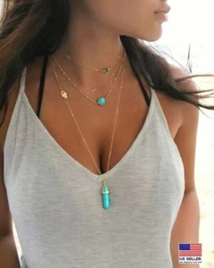 Women Fashion Jewelry Multilayer Necklace Hamsa Bullet Turquoise Style 1434 - Picture 1 of 3