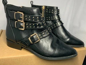 Miss KG Women’s Flat Stud Buckle Boots Faux Leather Black UK5 / US7 / EU38 - Picture 1 of 11