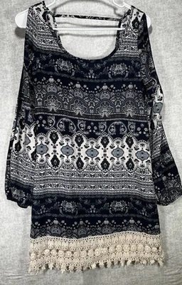 Rue 21 Azul y Blanco Paisley Boho Túnica Top Mangas Abertura Camisa Vestido Encaje Dobladillo Foto 1 de 4