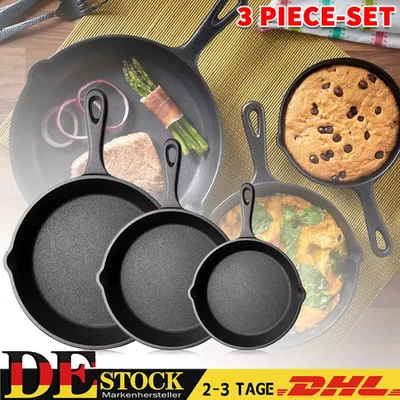 3er Set Gusseisen Pfanne Pfannenset Bratpfanne Ausguss Grill Griff Feuerpfanne~ - Bild 1 von 4