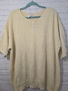 Vtg Plus Sz 3x Butter Yellow Short Sleeve Flower Knit Sweater CottageCore - Picture 1 of 8