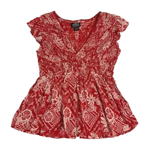 Y2K Angie Damen rot Blumen gesmokt V-Ausschnitt Flügelärmel Top Bluse Gr. M - Bild 1 von 6