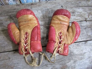 Antique Childs Red & Tan Leather Boxing Gloves 4oz 1920s/30s Era - Picture 1 of 6