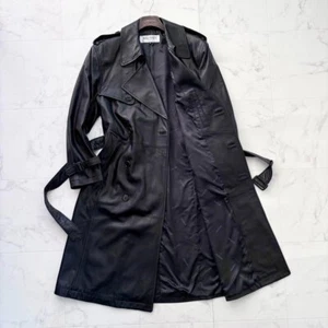 BALMAIN Leather Long Coat Belted Trench Coat Black Jacket Lambskin USED - Picture 1 of 13