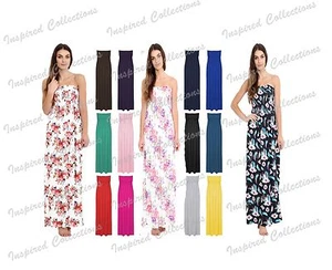 Womens Strapless Maxi Dress Ladies Sheering Floral Boobtube Bandeau Long Maxi - Picture 1 of 25