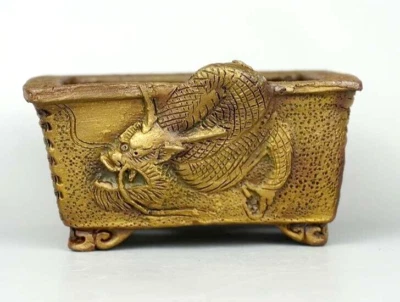 Japanese bonsai pot TANI RANZAN signed Relief Dragon Mouse Cloud w4.3" *1352 - Image 1 of 4