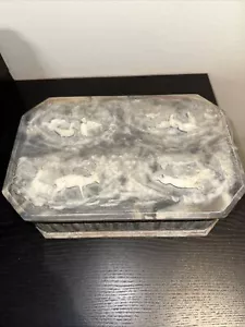 Grande scatola gioielli vintage vera pietra incolay caccia scena animale anatre cerve - Foto 1 di 9