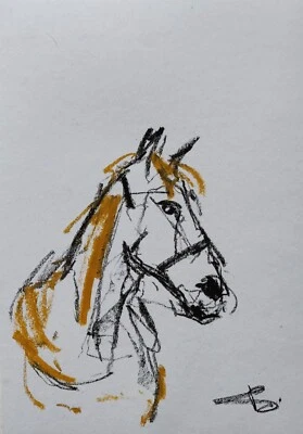 Cowboy Horse Original Oil Pastel Drawing  12X8" VIVEK MANDALIA OOAK Minimalism - Image 1 of 2