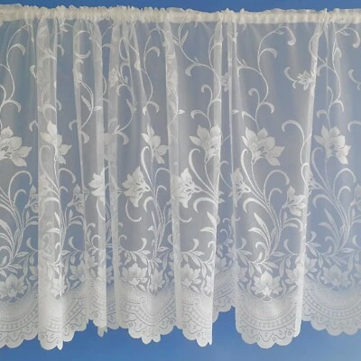 Ella Floral White Modern New Lace Net Curtain With Scalloped Bottom - Image 1 of 2