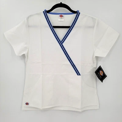 NWT Dickies Women's Small Scrub Top Faux Wrap White w/ Blue Trim Medical Nurse - Image 1 of 4