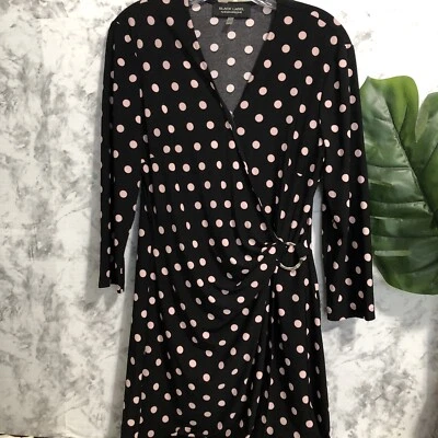 Evan Picone Black Label Polka Dot Empire Waist Wrap 3/4 sleeve Black Dress Sz 10 - Image 1 of 4