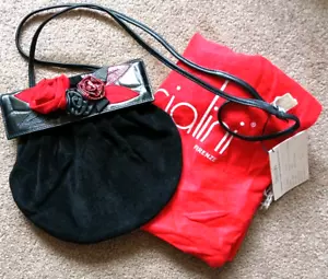 NOS Italy Braccialini Blk Red Suede Leather Flower SM Handbag Shoulder Dust Bag - Picture 1 of 15