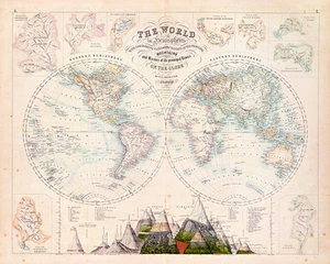 The World in Hemispheres with Mountain Heights Map A1 Art Print - Bild 1 von 1